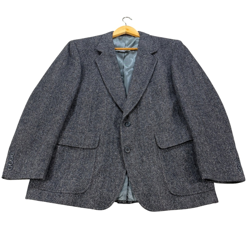 Vintage Bespoke Men 40R Herringbone Tweed Wool Sport Coat Blue Gray 2-Button USA